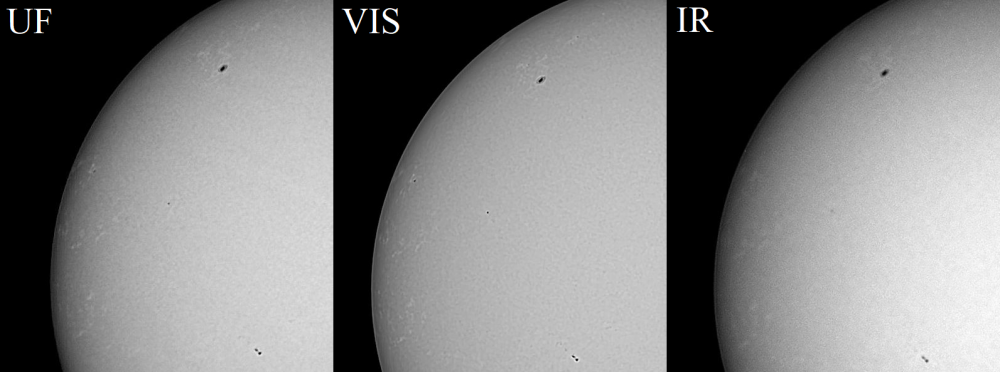 Солнце с группами пятен №3046,47,48 при использовании различных фильтров