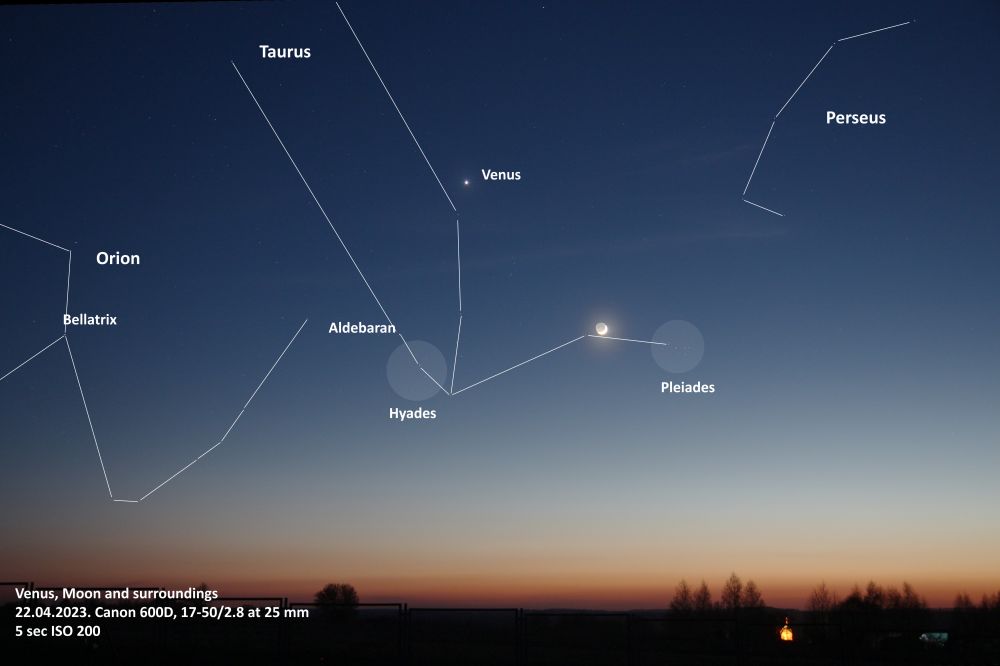 Moon and Venus, sunset - annotated