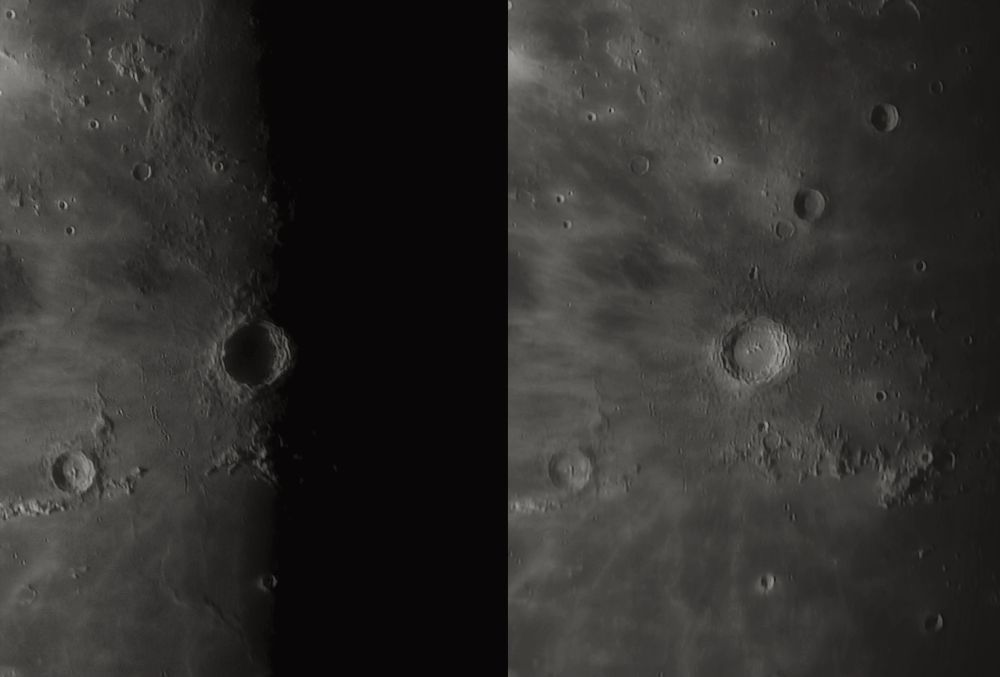 Луна- кратер Коперник 09.06.2022-10.06.2022 Фото кратера Коперник с разницей примерно в 24 часа( 09.06.2022-10.06.2022)