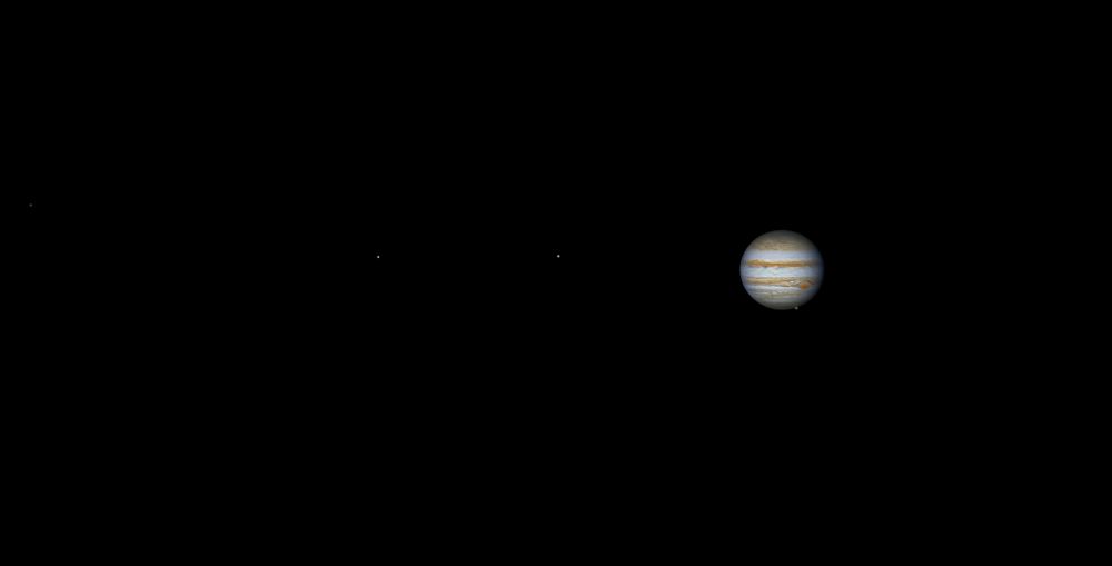 Юпитер и спутники Каллисто, Европа, Ио, Ганимед (17.08.2023 00:53 UTC)
