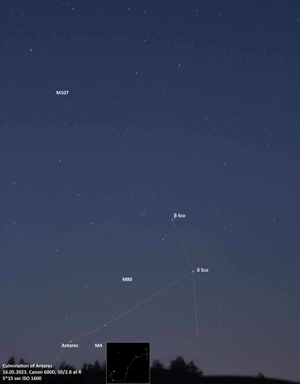 Antares and Scorpio in the dawn sky - annotated