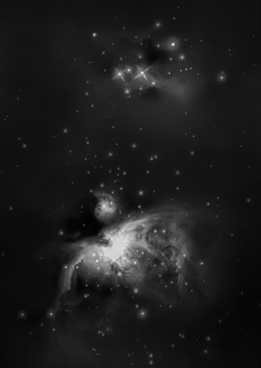 М42 туманность Ориона и NGC 1977 Бегущий человек 23.03.2023(монохром)
