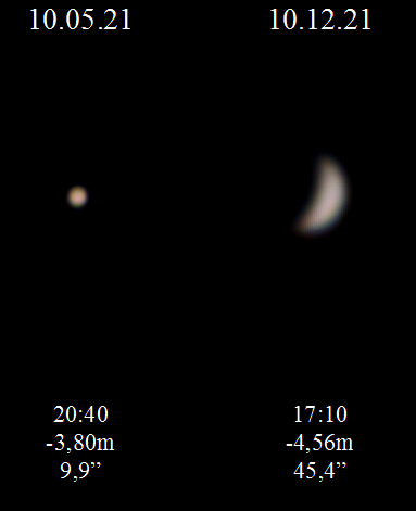 Вечерняя видимость Венеры 2021г. с интервалом 7 месяцев