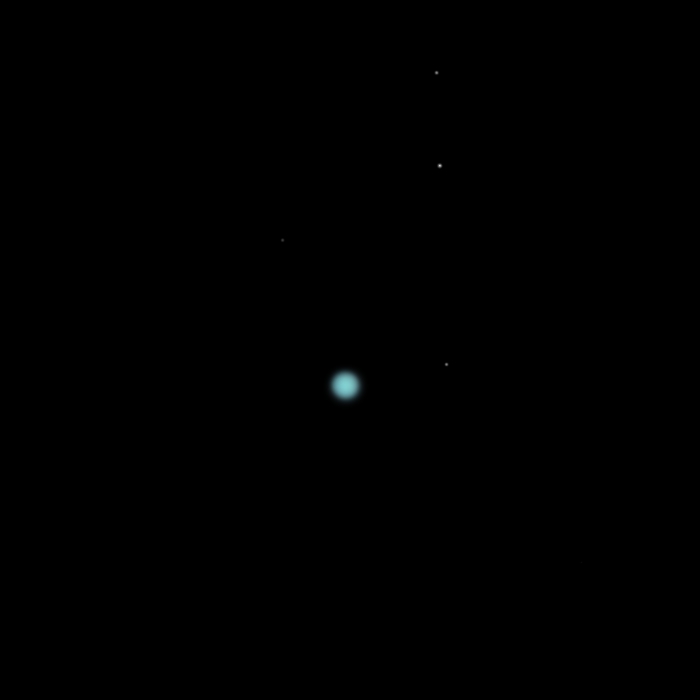 Уран и спутники (сверху вниз) Оберон, Титания, Умбриэль, Ариэль (17.08.2023 00:20 UTC)