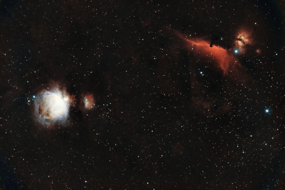 Nebulae: M42 - Orion, M43 - De Mairan's,  Sh2-279 - Running man, NGC 2024 - Flame and Barnard 33 - Horsehead