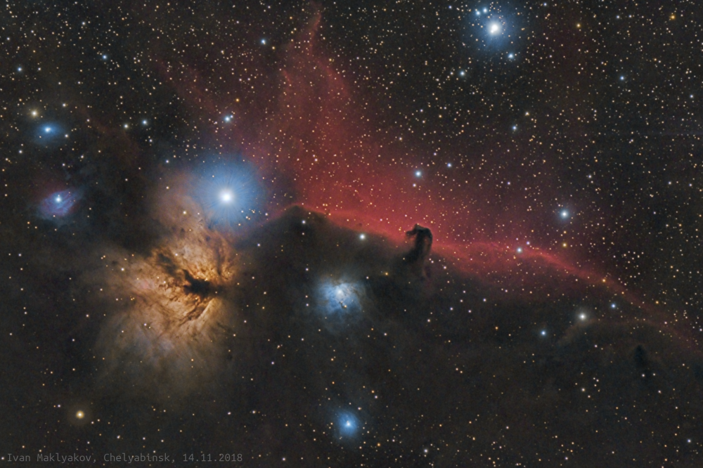 Туманности: Конская Голова (IC 434), Пламя (NGC 2024), NGC 2023, IC 432, IC 431, IC435.