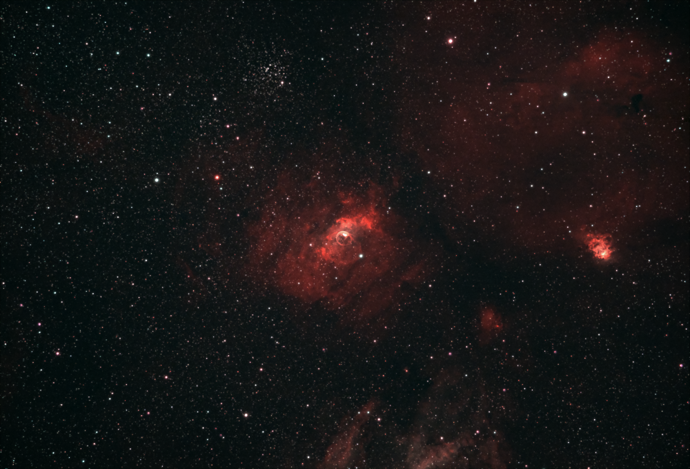 Туманность Пузырь (NGC 7635), скопление М 52, туманность Северная Лагуна (NGC7538), эмиссионная туманность Sh 2-159, эмиссионная туманность Sh 2-161, фрагмент туманности Клешня Лобстера