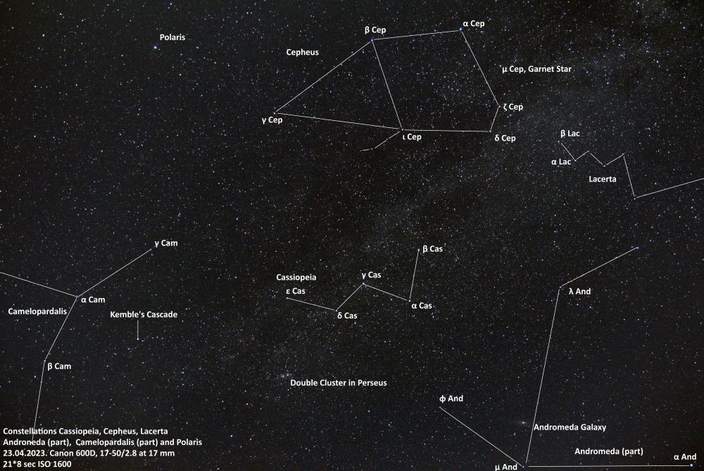 Cassiopeia, Cepheus and surroundings - annotated