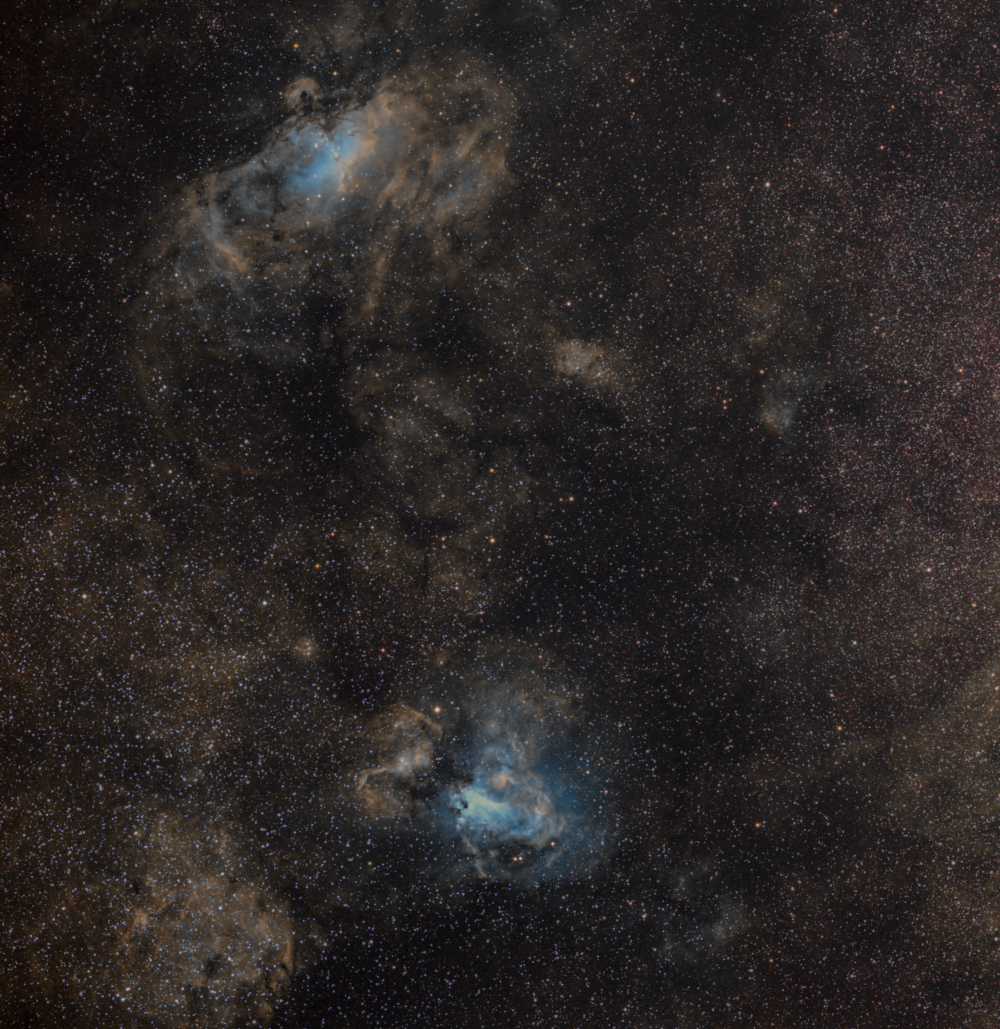 Регион туманностей Орёл (M16) в созвездии Змеи и Омега (M17) в Стрельце