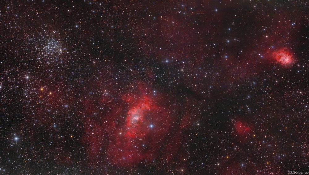 Рассеянное скопление М52, туманность NGC 7635 "Пузырь" и туманность NGC7538 "Северная Лагуна"