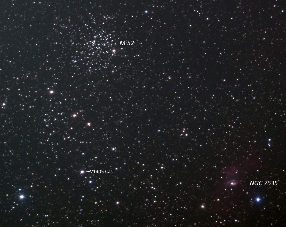 Новая Кассиопеи 2021 (V1405Cas), рассеянное скопление М 52 и туманность NGC 7635 "Пузырь"