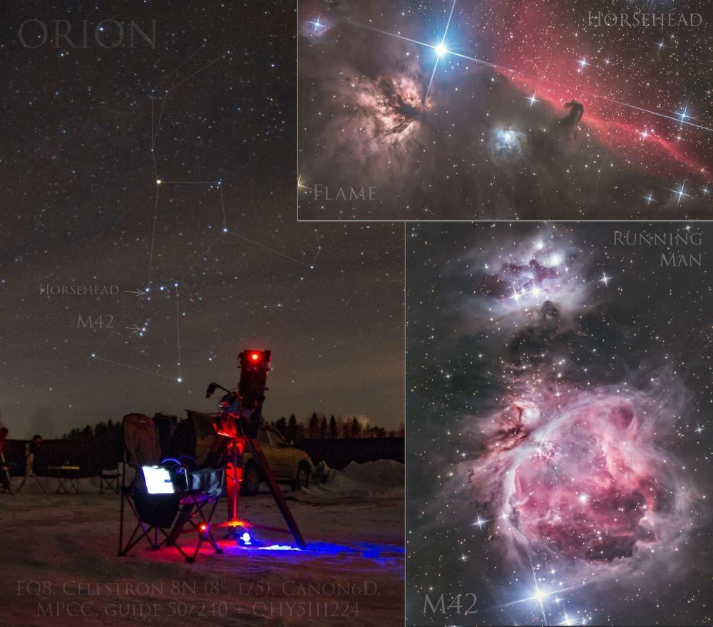 Horsehead, Flame, M42, Running Man and my telescope