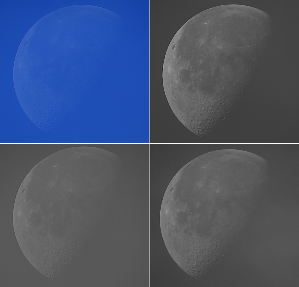 Дневная Луна при Ф=-63% от 16.10.22 через различные фильтры