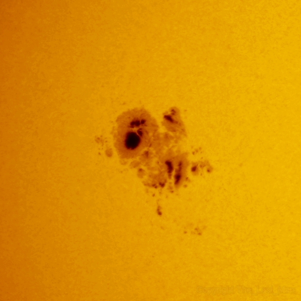 Sun with broadband filter (Baader Astrosolar photo) and with Coronado PST H-alpha, 22 oct 2014 (crop)