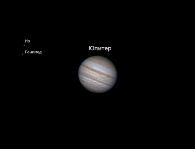 Юпитер и его спутники Ио и Ганимед - астрофотография