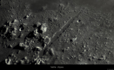 Alpine Valley. A lunar valley dividing the Montes Alps mountain range. It extends 166 km from the Imbrium basin, stretching east-northeast to the edge of the Mare Frigoris. - Astrophotography
