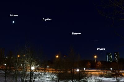 Растущий месяц и парад планет (+самолет). Вечер 10.12.21