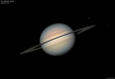 Энцелад, Сатурн, Рея и Тефия. 21 июля 2025