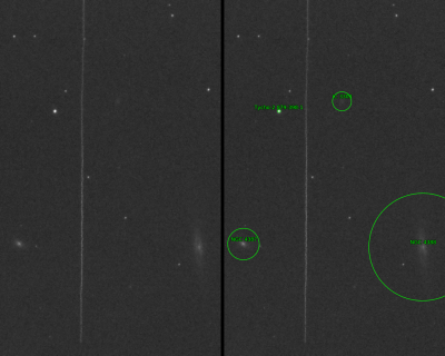Неровный след метеора среди галактик цепочки Маркаряна. Пересекает границу волос Вероники и Девы.