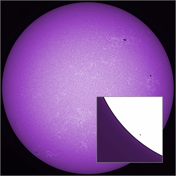 Chromosphere in Ca II K from 28.07.2025 (prominences in the inset) - Astrophotography