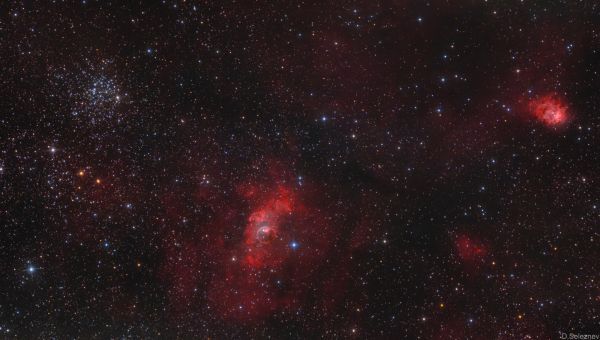 Рассеянное скопление М52, туманность NGC 7635 "Пузырь" и туманность NGC7538 "Северная Лагуна" - астрофотография