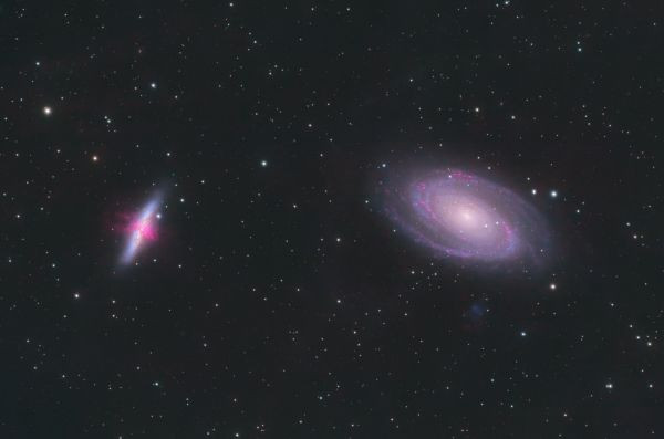 M81, M82 (Ha regions highlighted, processed with subtraction (Ha - R)) - Astrophotography