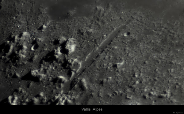 Alpine Valley. A lunar valley dividing the Montes Alps mountain range. It extends 166 km from the Imbrium basin, stretching east-northeast to the edge of the Mare Frigoris. - Astrophotography