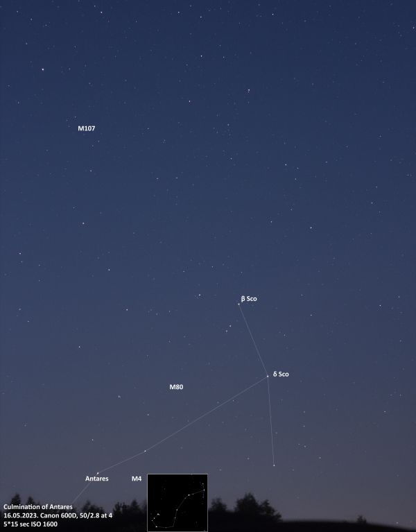 Antares and Scorpio in the dawn sky - annotated - астрофотография