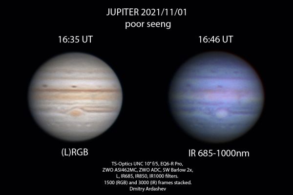 Юпитер 01.11.2021 в видимом и ИК диапазонах - астрофотография