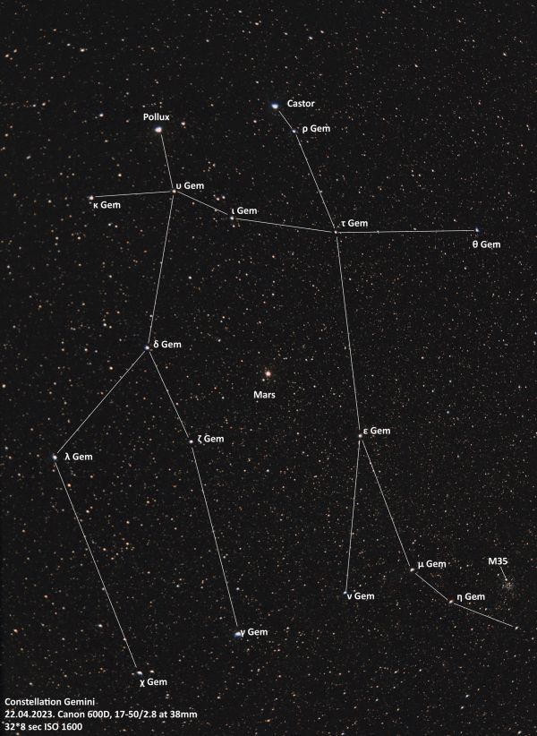 Gemini and Mars - annotated - астрофотография